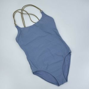 aerie one piece blue wavy swimsuit with gold straps